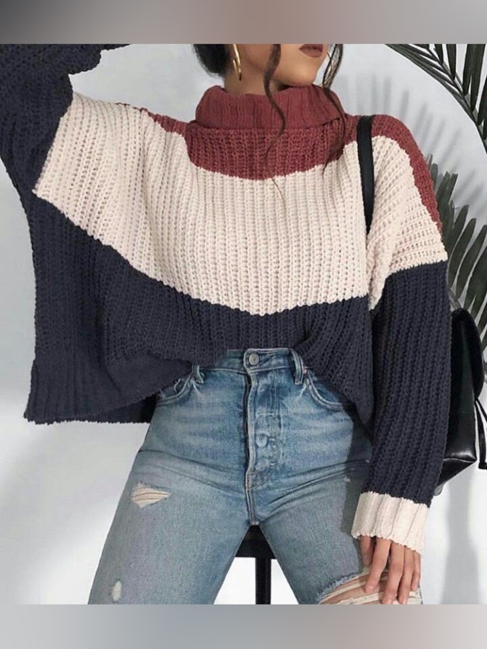 POL clothing Sweater soft cozy turtleneck colorblock cable knitting oversized S